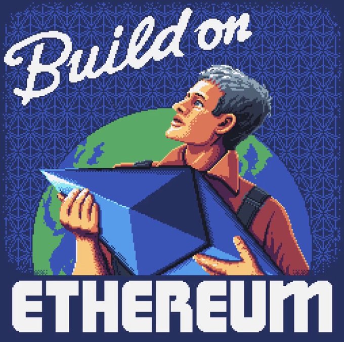 A pixel-art style graphic featuring a man holding the Ethereum diamond logo, with the text 'Build on ETHEREUM' on a dark blue patterned backdrop.