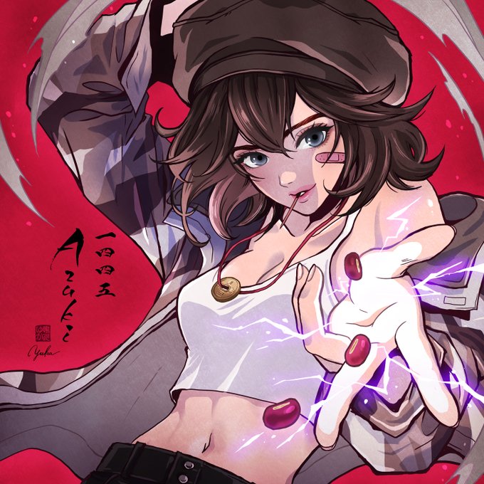 Anime-style digital artwork of a brown-haired girl with blue eyes wearing a beanie and white crop top, holding out her hand amid purple electricity; Japanese text 一日目の玉 (Tamako) and the artist signature "Yuho" are visible.