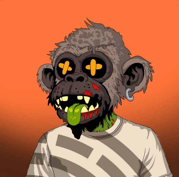 A cartoon illustration depicts a zombie monkey with glowing yellow eyes, blood and drool around its mouth, wearing a striped shirt against an orange background.