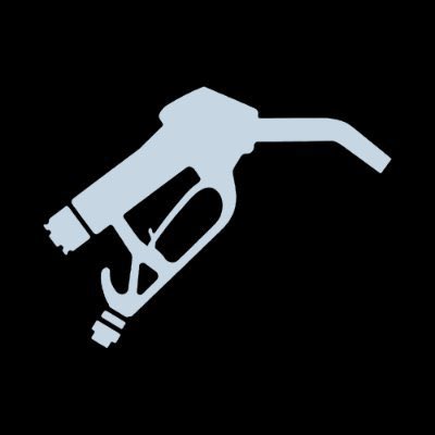 A stylized light blue icon of a gas pump nozzle on a solid black background.