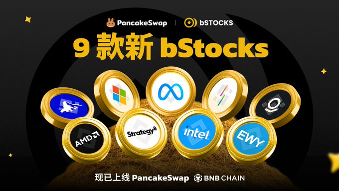 A promotional graphic for PancakeSwap announcing '9 new bStocks' featuring tokens for AMD, Microsoft, Meta, Strategy, Intel, and others, now live on BNB Chain.