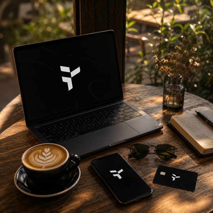 A wooden café table features a laptop, phone, and credit card all displaying a stylized white 'Y' logo, accompanied by a latte with leaf art, sunglasses, and dried flowers in a vase.