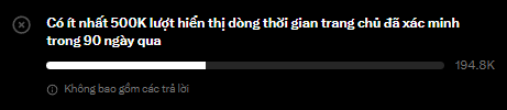 A Vietnamese notification from a crypto wallet showing 'Có ít nhất 500K lượt hiển thị đồng thời gian trong chủ đề đã xác minh trong 90 ngày qua' indicating 194.8K verified topic views.