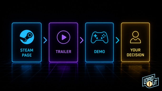 A neon-style infographic illustrating a game marketing flow: Steam Page → Trailer → Demo → Your Decision, with a 'Loadout' logo in the corner.