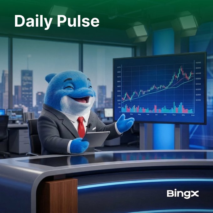 BingX 'Daily Pulse' promotional image featuring a blue cartoon dolphin mascot in a business suit with red tie, presenting financial market charts on a monitor in a news studio setting.