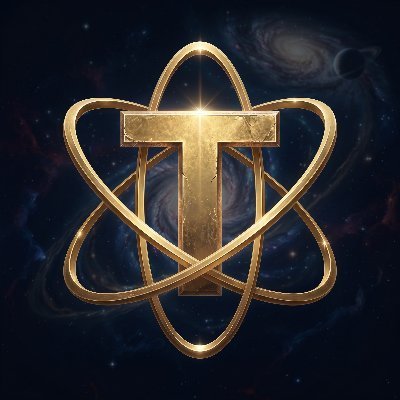 A golden 3D rendering of the letter 'T' enclosed within atomic orbital rings, set against a dark cosmic background featuring galaxies and stars.