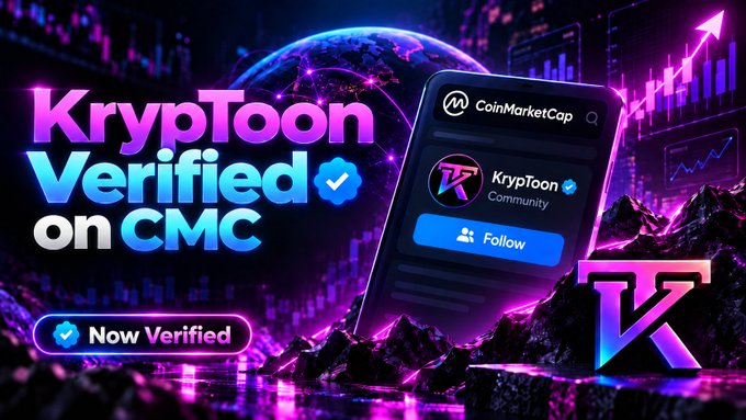 A vibrant neon-styled promotional graphic announcing 'KrypToon Verified on CMC' featuring a stylized smartphone displaying a CoinMarketCap profile for the KrypToon Community.