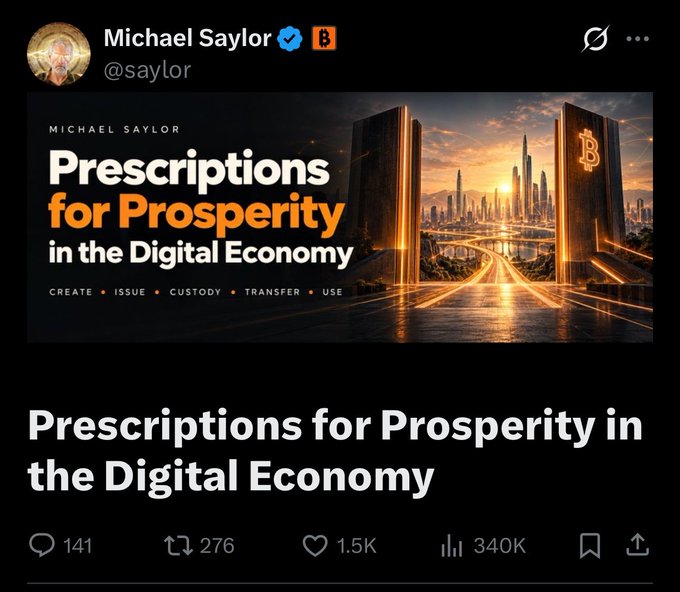 A tweet from Michael Saylor (@saylor) titled 'Prescriptions for Prosperity in the Digital Economy' featuring a futuristic cityscape with a Bitcoin logo, garnering 1.5K likes and 340K views.