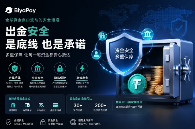 A BiyaPay promotional graphic emphasizing secure fund withdrawals, highlighting features like FinCEN MSB registration, private protection, high-efficiency withdrawals, support for 190+ countries, and over 30 fiat currencies including USDT, with messaging that "Withdrawal security is the bottom line and a promise."