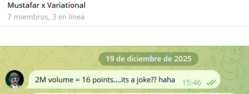 A Telegram group chat screenshot titled 'Mustafar x Variational' with 7 members, showing a message dated December 19, 2025, that reads '2M volume = 16 points...its a joke?? haha'.