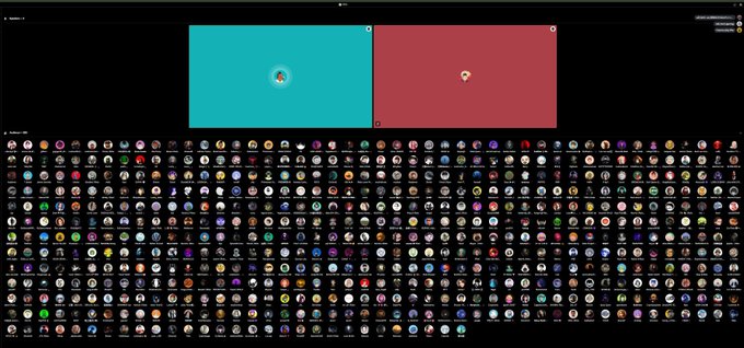 A wide grid of circular profile avatars fills the bottom of the screen beneath two highlighted user profile cards (one teal, one dark red) on a black background, resembling a community or "Builder's Hub" platform interface for the Rialo project. The layout visually represents the large audience of builders attending the session, with the two featured cards likely highlighting co-founder @itachee_x and host @ericargent31113.