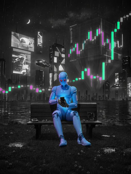 A glowing blue humanoid robot sits alone on a park bench at night, holding a phone, set against a stark black-and-white cityscape overlaid with vibrant pink and green candlestick trading charts. The surreal scene illustrates the post's theme—an AI agent quietly overseeing financial markets while humans carry on with their morning routines unaware of its watchful, algorithmic presence.