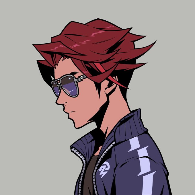 Profile illustration of an anime-style character with spiky red and black hair wearing aviator sunglasses and a dark blue jacket with a lightning bolt logo.