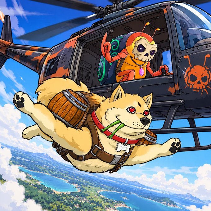 A red-eyed Shiba Inu with a bone tag and wooden barrel harnesses leaps from a helicopter piloted by a skull-faced, antennaed alien wearing a pink gem, with a skull-and-crossbones logo on the chopper's side. The whimsical, cartoonish scene of an absurd and unlikely "test" mission humorously mirrors the post's satirical list of "mandatory" beta tester requirements, which ironically include holding a worthless NFT as a prerequisite.