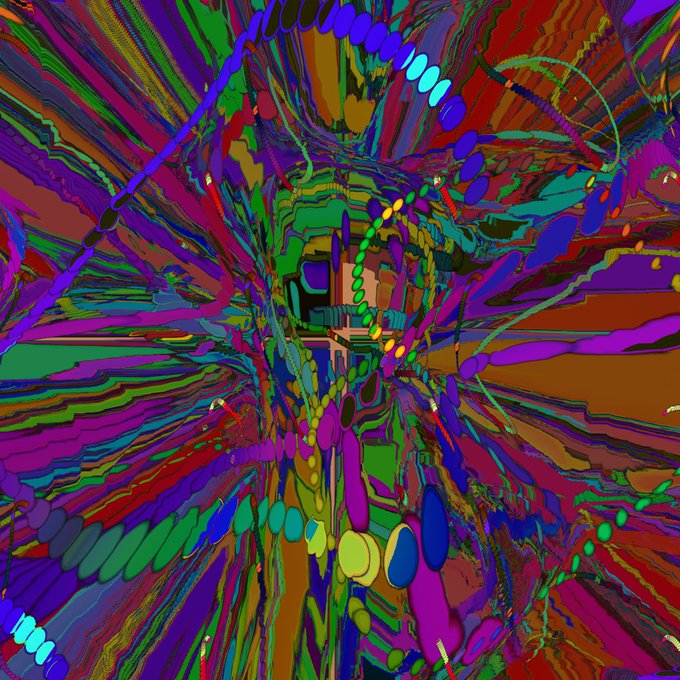 A vibrant abstract digital artwork featuring swirling, radiating patterns in bright purples, greens, reds, and blues, creating a kaleidoscopic, fractal-like effect.