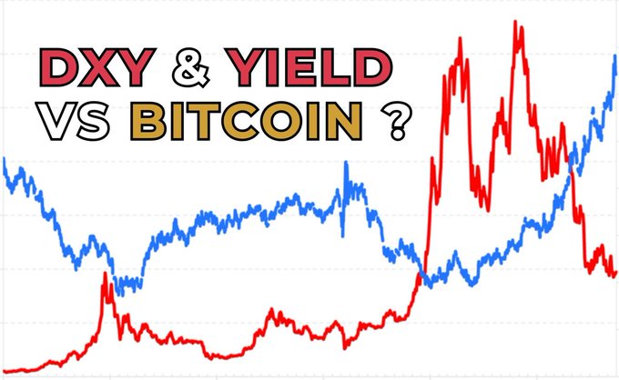 A financial chart comparing DXY and Yield against Bitcoin, showing two line graphs (one blue, one red) overlaid on each other.