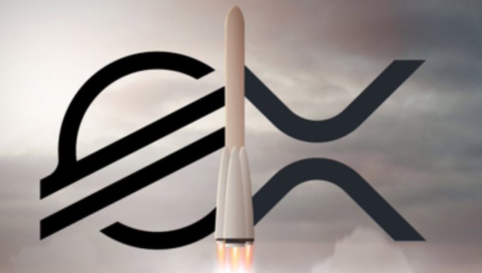 A SpaceX logo with a rocket launching in the foreground against a cloudy sky.
