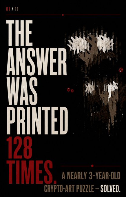 A dark promotional poster reading 'THE ANSWER WAS PRINTED 128 TIMES. A NEARLY 3-YEAR-OLD CRYPTO-ART PUZZLE — SOLVED.' with a glitchy skull-like figure.