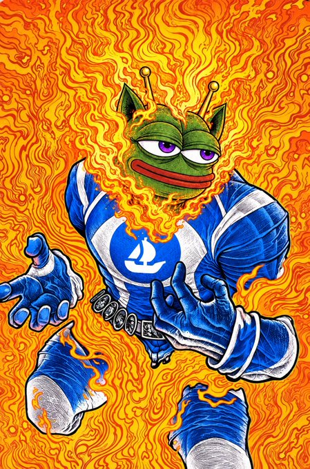 A vibrant, psychedelic illustration of a green frog character wearing a blue and white suit with a sailboat logo, engulfed in swirling orange flames against an orange background.