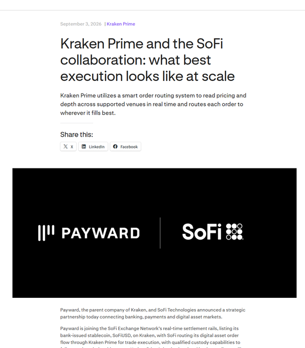 A webpage article titled 'Kraken Prime and the SoFi collaboration: what best execution looks like at scale,' dated September 3, 2026, showing logos for Payward and SoFi on a black background.
