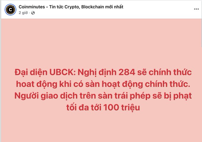 A Facebook post from 'Coinminutes' with Vietnamese text stating that Decree 284 will officially take effect, and traders on unlicensed exchanges will be fined up to 100 million.