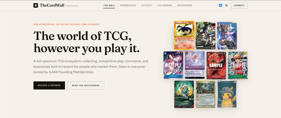 The homepage of TheCardWall Protocol website with the headline 'The world of TCG, however you play it.' promoting a full-spectrum trading card ecosystem open to 4,444 Founding Members, featuring various sample trading cards displayed on the right.