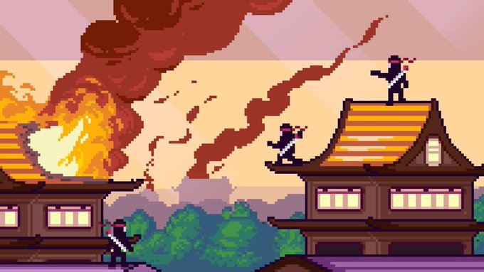 Pixel art depicting a ninja attack on a traditional Japanese building, with one structure engulfed in flames and smoke, while figures in black stand on rooftops.