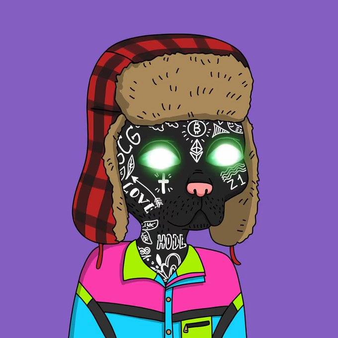 A digital illustration of a figure with a black face covered in white tattoo-like designs, glowing green eyes, wearing a plaid trapper hat and a colorful jacket against a purple background.