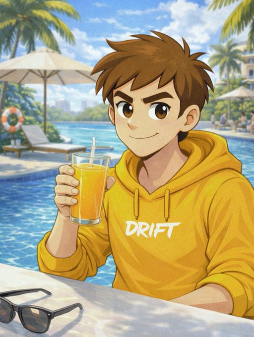 A young man with brown hair, wearing a yellow hoodie featuring "DRIFT" in white text, smiles while holding a glass of orange juice beside a pool with palm trees and umbrellas in the background—perfectly matching the "Good morning" vibe with sunglasses resting on the table.