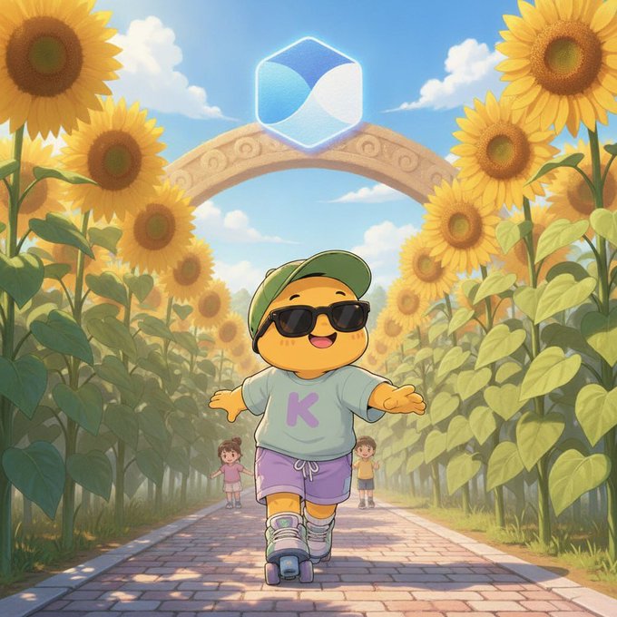 A cartoon illustration of a cute yellow character wearing sunglasses and a 'K' shirt roller-skating through a sunflower garden beneath an arched gateway.