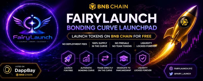 Advertisement for 'FairyLaunch' on BNB Chain, a bonding curve launchpad offering token launches with features like no deployment fees, automatic bonding curve, PancakeSwap graduation, and locked liquidity, listed on DappBay.