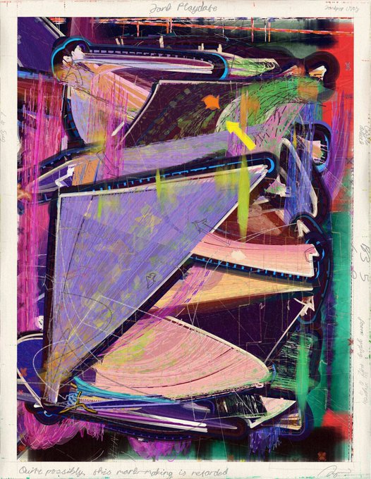A vibrant, abstract artwork with purple, green, and pink hues featuring geometric, sail-like shapes, with handwritten text at the top reading 'Tort Playdate' and bottom text 'quite possibly this mark-making is recorded'.