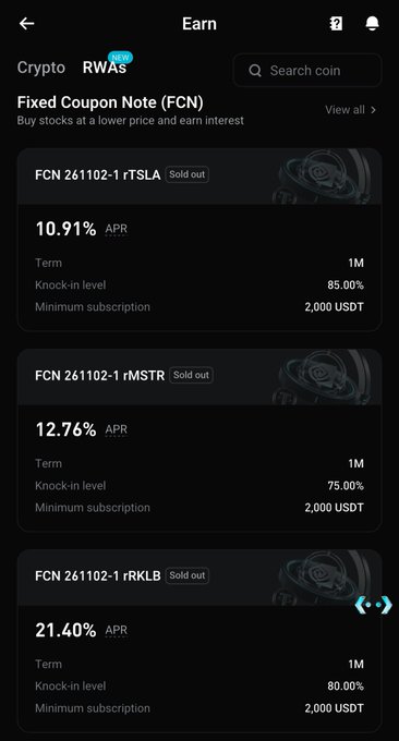 A mobile app screenshot shows a cryptocurrency 'Earn' page displaying Fixed Coupon Note (FCN) products for TSLA, MSTR, and RKLB, all marked 'Sold out' with APR rates ranging from 10.91% to 21.40%.