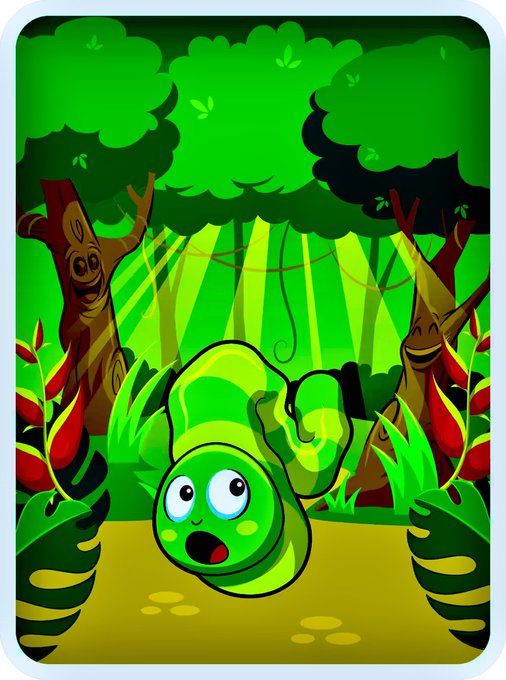 A cartoonish green caterpillar-like creature with a wide-eyed, surprised expression sits in a lush jungle setting with smiling trees and red flowers. The image ties to the post as a cute character from the Veefriends collection, which the author is highlighting as an unsung hero.