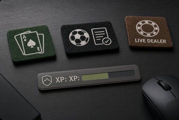 Three square gaming/betting-themed coasters or patches featuring card games, soccer betting, and a live dealer design, displayed above an XP progress bar on a dark desk.