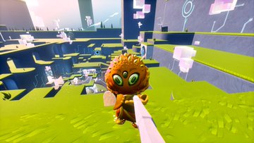 A video game character, a small brown spiky creature with large green eyes, stands on a bright green landscape in a blocky, voxel-style 3D environment.