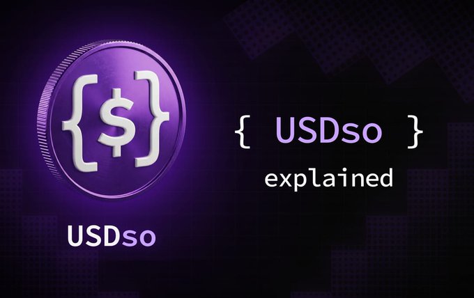 A purple promotional graphic featuring a coin with a dollar sign inside curly braces and the text "USDso explained," visually reinforcing the post's overview of how to obtain, use, and earn yield with the USDso stablecoin on Somnia via dreamDEX and SomniaLend.