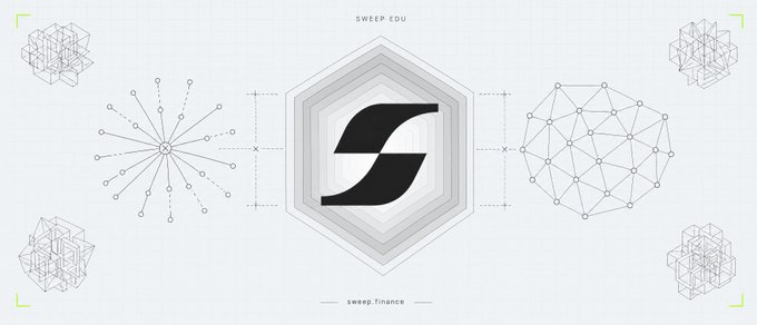A digital graphic featuring a stylized 'S' logo inside a hexagon, surrounded by geometric designs, with text 'SWEEP EDU' above and 'sweep.finance' below.