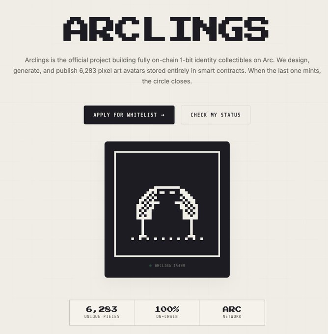 The image is a promotional landing page for **Arclings**, the official project building 6,283 pixel-art 1-bit identity collectibles fully on-chain via smart contracts on the Arc network, featuring sample piece #4399 and call-to-action buttons to "Apply for Whitelist" and "Check My Status." This aligns with the post's giveaway for 3 GTD whitelist spots, where participants can follow @ArclingsNFT and @Web3heinu, like, retweet, and leave their EVM address to enter the draw for early mint access.