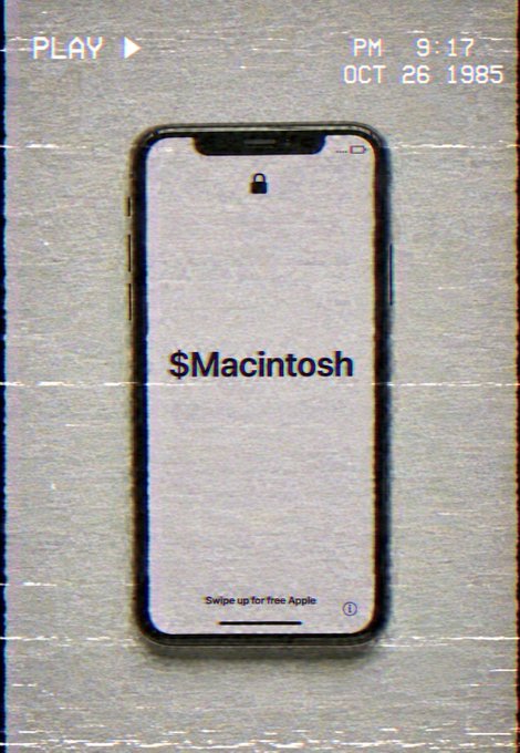 An iPhone displaying a lock screen with a padlock icon, the text '$Macintosh', and 'Swipe up for free Apple', styled with a vintage camcorder overlay reading 'PLAY PM 9:17 OCT 26 1985'.