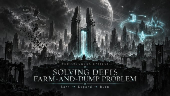 A dark fantasy promotional graphic for "The Standard Reserve" featuring the text "SOLVING DEFI'S FARM-AND-DUMP PROBLEM" with the cycle "Earn → Expand → Burn" displayed amid ancient ruins.