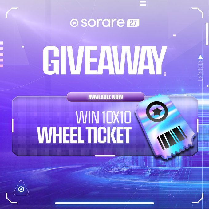 A promotional giveaway graphic featuring the Sorare "27" logo with bold "GIVEAWAY" text on a purple gradient background, advertising a chance to "WIN 10X10 WHEEL TICKET" alongside an iridescent holographic ticket illustration. The image directly supports the post's announcement about the Sorare Wheel giveaway ending soon, where 10 winners will each receive 10 tickets before the wheel leaves tomorrow at 5 PM CEST.