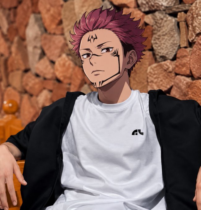 A young person with anime-style pink spiky hair and facial markings wears a white t-shirt with a small "FL" logo (likely for "Future Leaders") under a black jacket, posing casually against a stone wall background—aligning with the founder branding in the post.