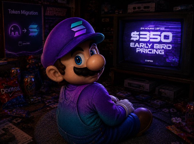 The image features a cartoon character, likely Mario from Nintendo, sitting in front of a television screen with the text "Early Bird Pricing" displayed above him. The character appears to be playing video games or watching TV content. The background includes various items such as a dining table and a chair, suggesting that this scene takes place in someone's home. The post also mentions GMario friends and the importance of securing your assets ahead of the @solana snapshot event on June 1st.