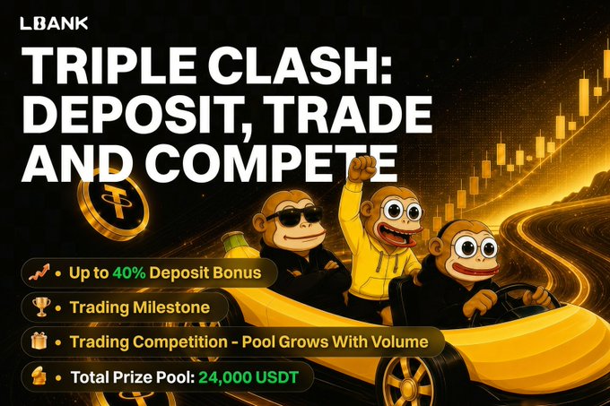 A promotional graphic for "LBANK" advertises a "TRIPLE CLASH: DEPOSIT, TRADE AND COMPETE" event featuring cartoon monkeys, offering up to 40% deposit bonuses and a total prize pool of 24,000 USDT.