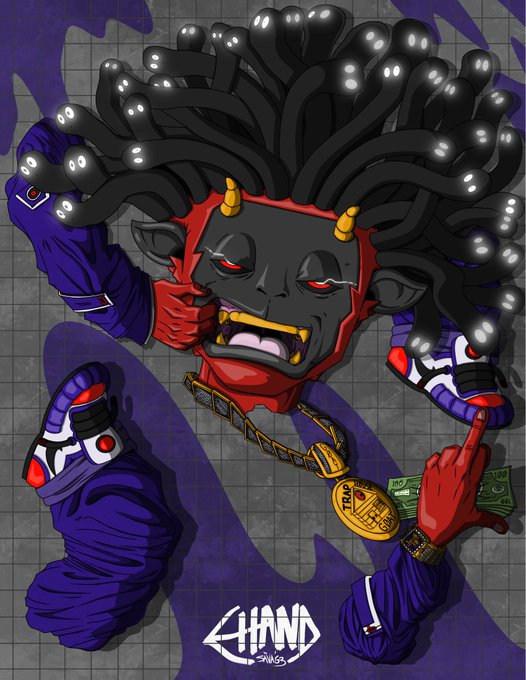 The image features an illustration of Medusa with snake-hair and red skin, wearing purple clothing, gold teeth, and a "PAID" gold medallion while holding cash—visually reinforcing the post's message about locking in on staking and getting paid. The artist's signature "4HAND" and "est. 2023" appear at the bottom.
