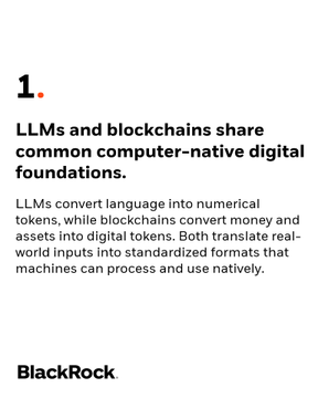 A BlackRock graphic titled '1.' states 'LLMs and blockchains share common computer-native digital foundations,' explaining how both translate real-world inputs into digital tokens.
