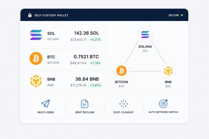 A self-custody crypto wallet dashboard displaying balances for SOL (Solana, 142.36 SOL, +4.27%), BTC (Bitcoin, 0.7521 BTC, +2.18%), and BNB (36.84 BNB, +3.65%), with features like Multi-Send, Rent Reclaim, Dust Cleanup, and Auto Network Switch.