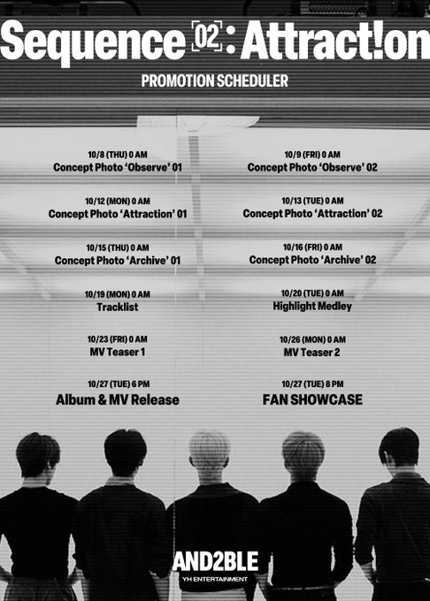 The image is a black-and-white promotional schedule for AND2BLE's "Sequence 02: Attraction" release, listing dates from 10/8 to 10/27 for concept photos ("Observe," "Attraction," "Archive"), tracklist, highlight medley, MV teasers, album release, and fan showcase, with five silhouettes of the group members standing at the bottom and the YH Entertainment logo.
