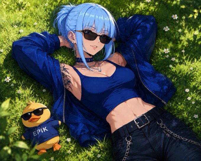 An anime-style illustration of a blue-haired woman wearing sunglasses, a blue crop top, and a matching jacket, lying in a grassy field with white flowers next to a small duck wearing sunglasses and a shirt that says 'EPIK'.